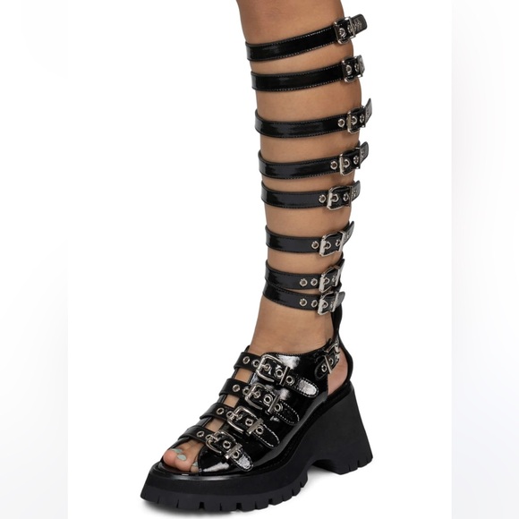 NIB Jeffrey Campbell black Post-Punk knee high cage gladiator chunky heel sandal - Picture 2 of 14